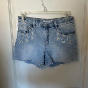 Altered State Light Blue Denim Shorts with Floral Embroidery